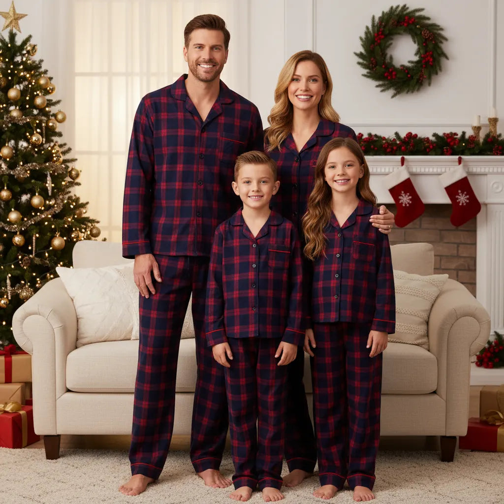 Holiday Family Button-down Christmas Blue and Red Plaid Pajamas Set