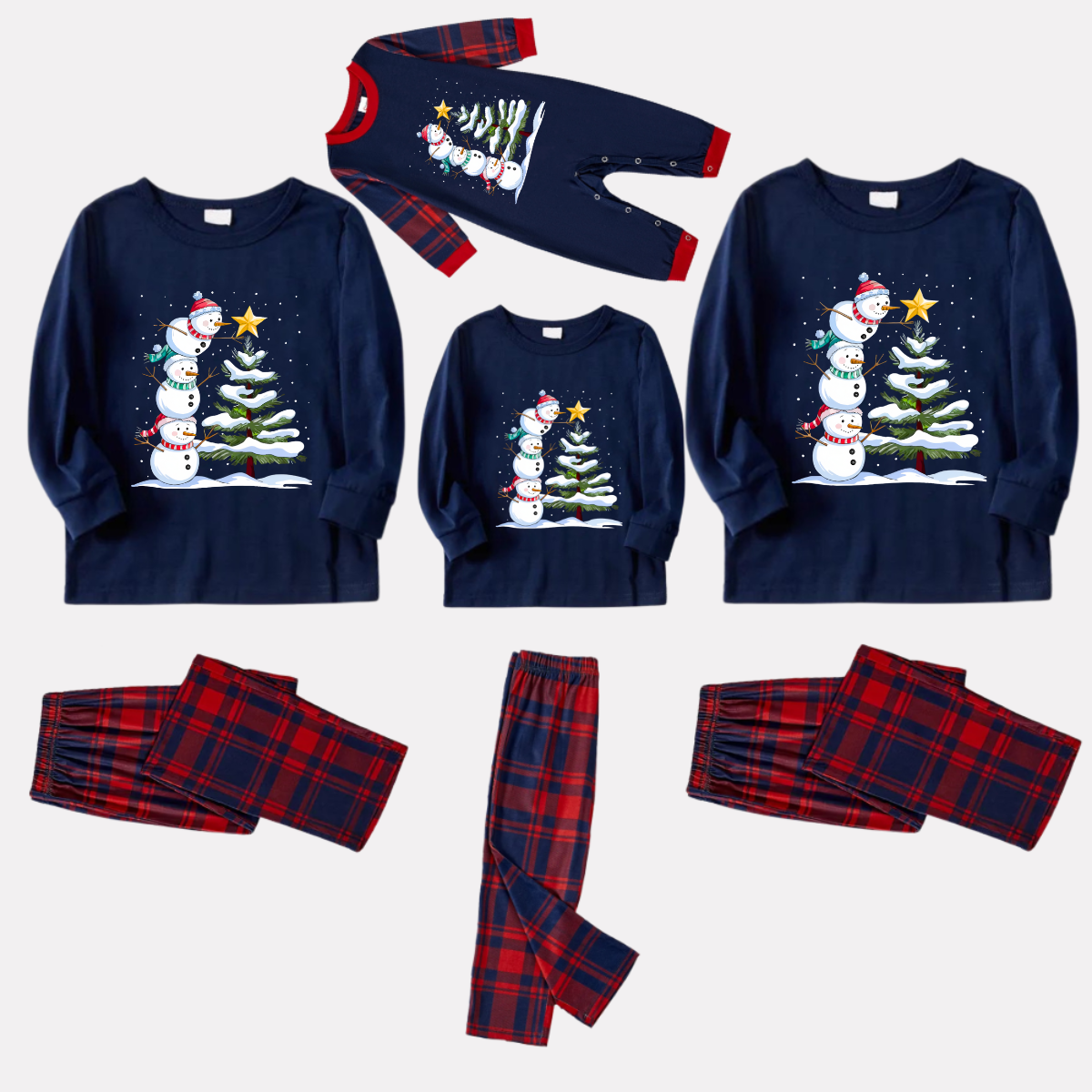 Navy & Red Plaid Christmas Pajamas Set with Snowman & Christmas Tree Print