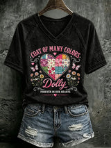 V Neck Retro Coat Of Many Colors Forever In Our Hearts Print T-Shirt