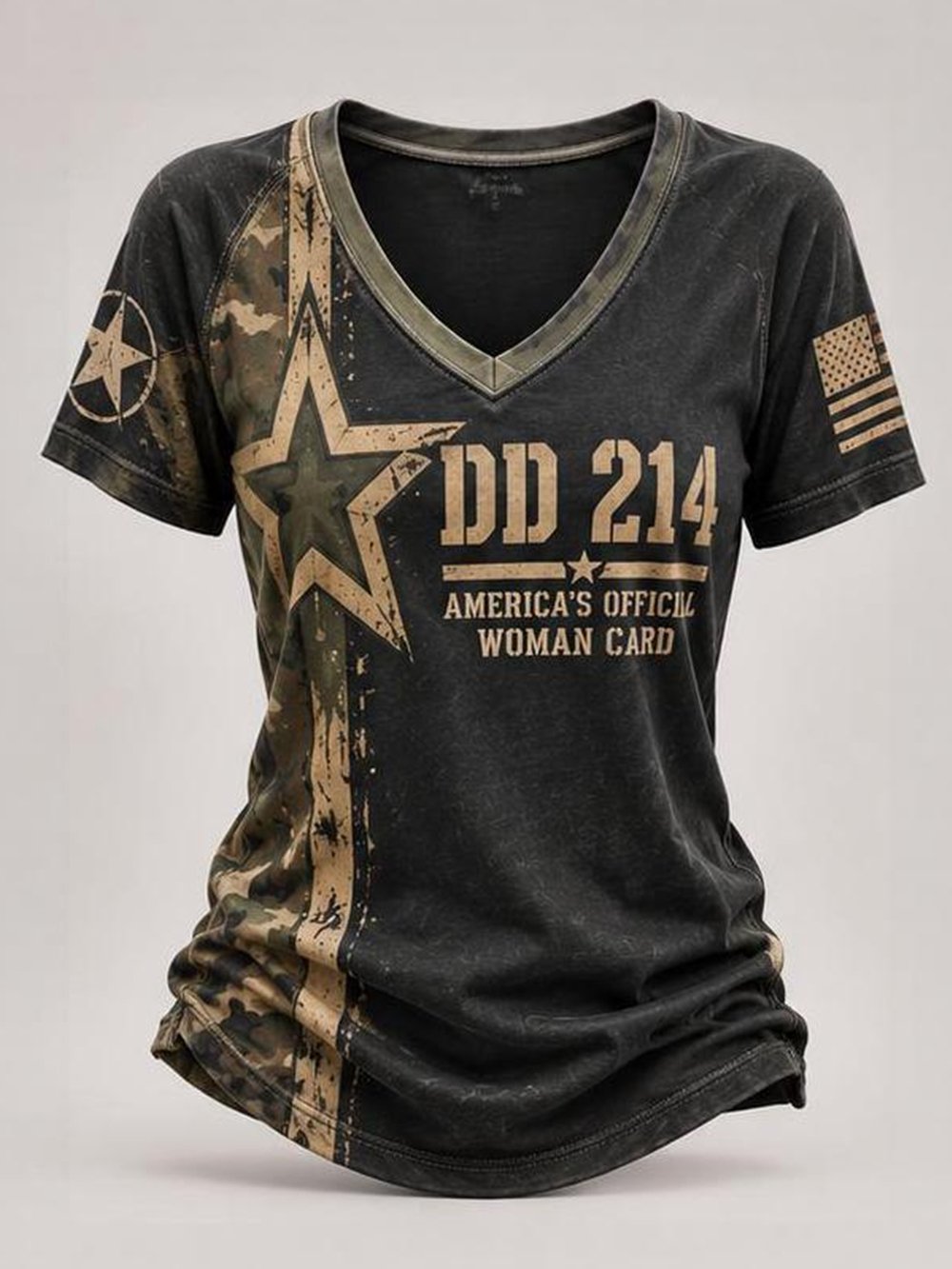 Women's Casual Short-Sleeve V-Neck Tee – "DD214 America Official Woman Card" Print