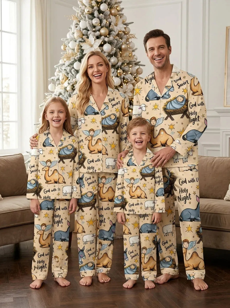 Two-Piece Set Holy Night Baby Jesus Print Family Christmas Two-Piece Button-Down PJS Long Sleeve Top and Pants with Pockets Winter Holiday Sets