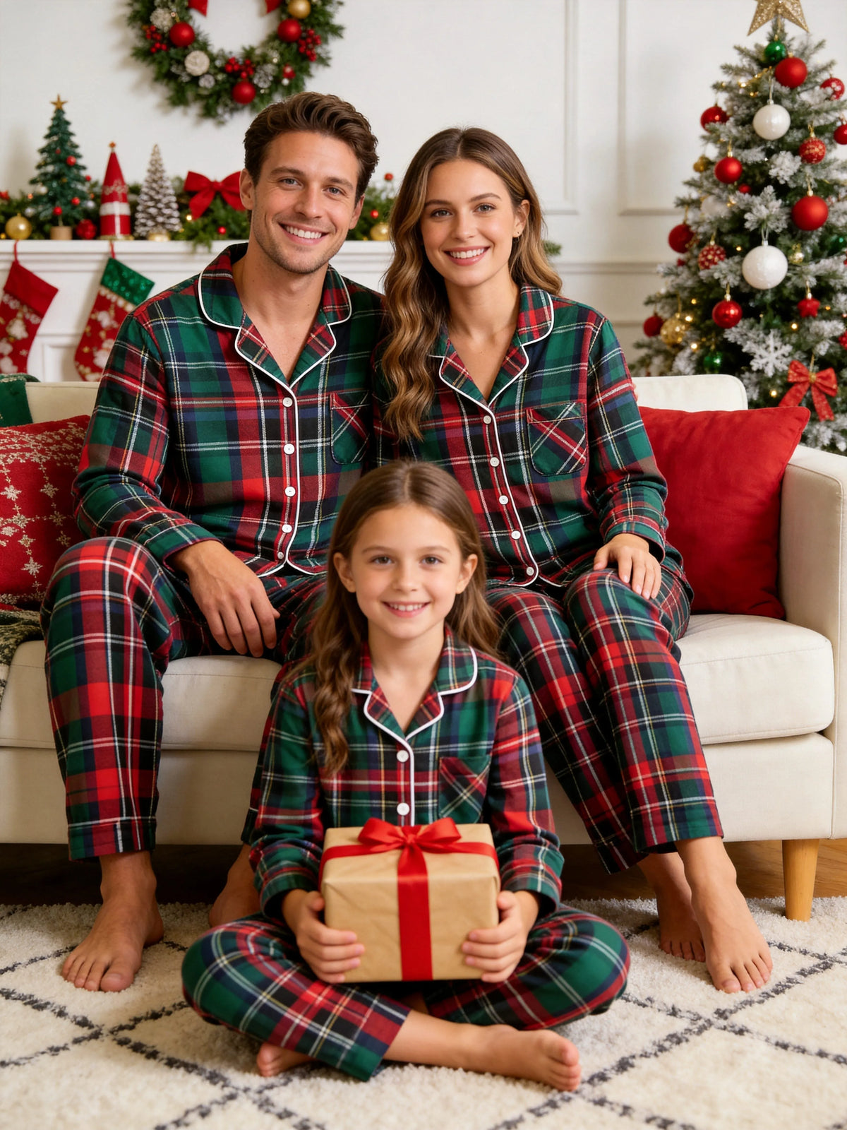 Classic Red & Green Colorblock Tartan Plaid Family Christmas Pajamas - Button-Down Sleep Set