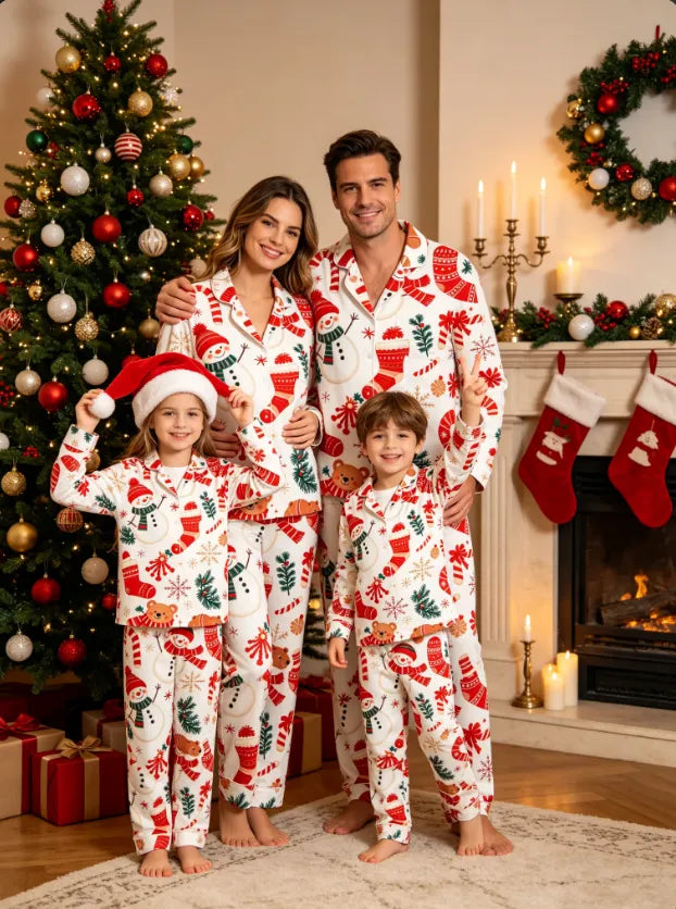 Snowman & Holiday Bear Print Matching Family Pajama Set, Button-Down Cotton Loungewear