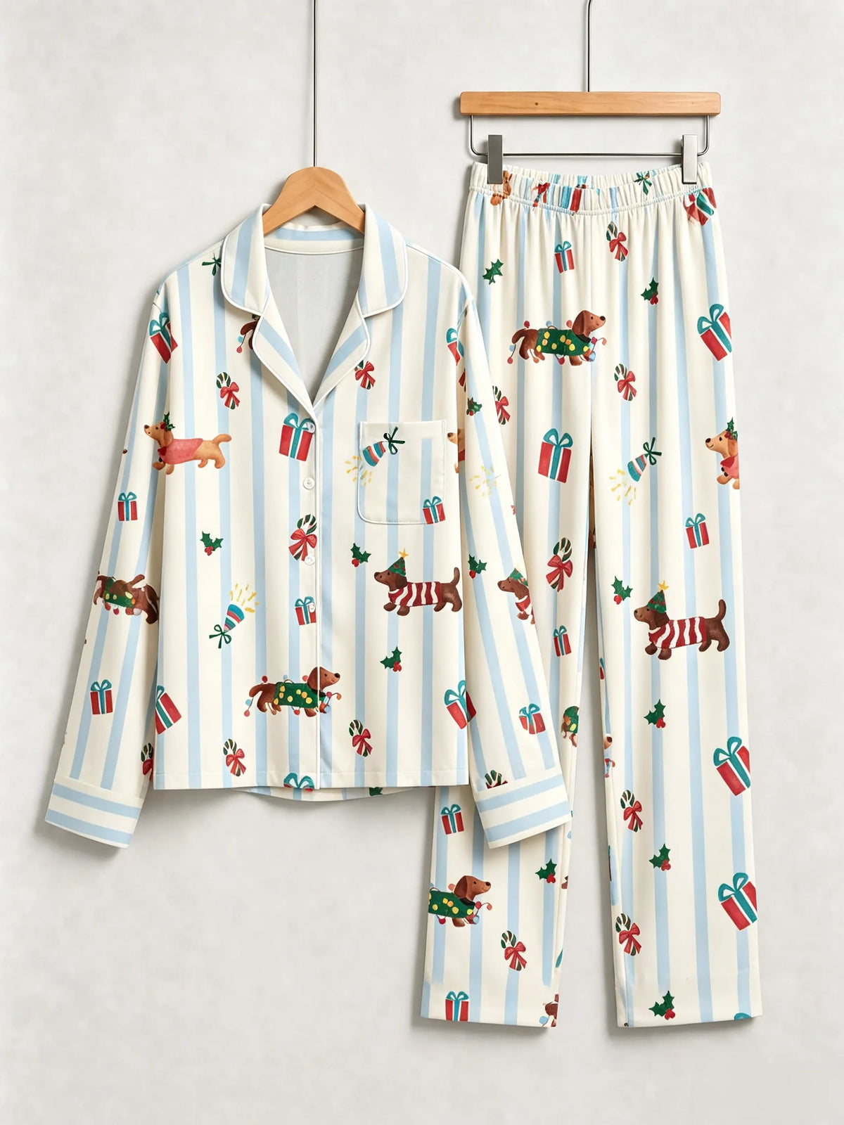 Chic Striped Dachshunds with Gifts Christmas Family Pajama Set