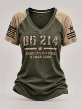 Women's Casual Short-Sleeve V-Neck Tee – "DD214 America Official Woman Card" Print
