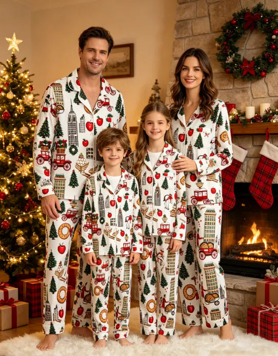 Festive Cityscape & Holiday Carriage Print Matching Family Pajama Set, Button-Down Cotton Loungewear