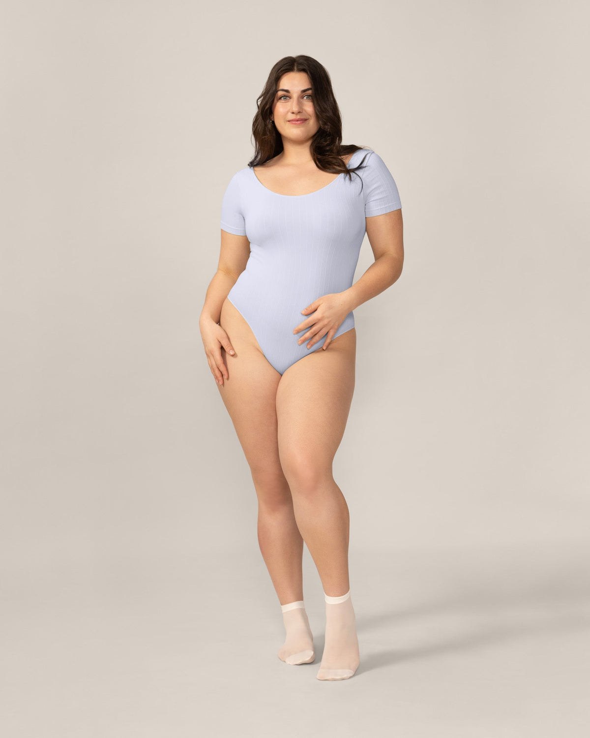 Seamless Wide Rib T-Bodysuit in Pastel Blue