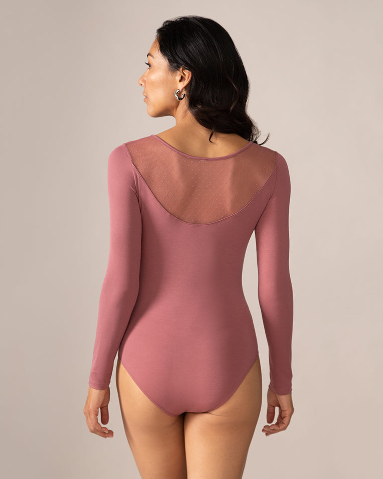 Longsleeve Bodysuit with Sheer Back in Rosewood