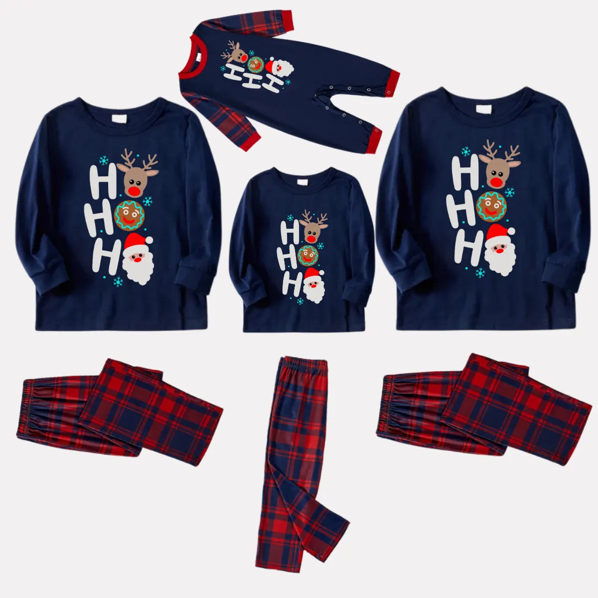 "HO HO HO" Letter Print Red & Blue Plaid Christmas Family Matching Pajamas