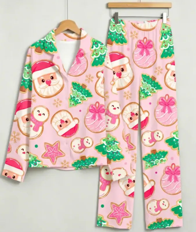 Christmas Santa Cookie & Pink Snowman Matching Couples Pajama Set, Button-Down Cotton Loungewear