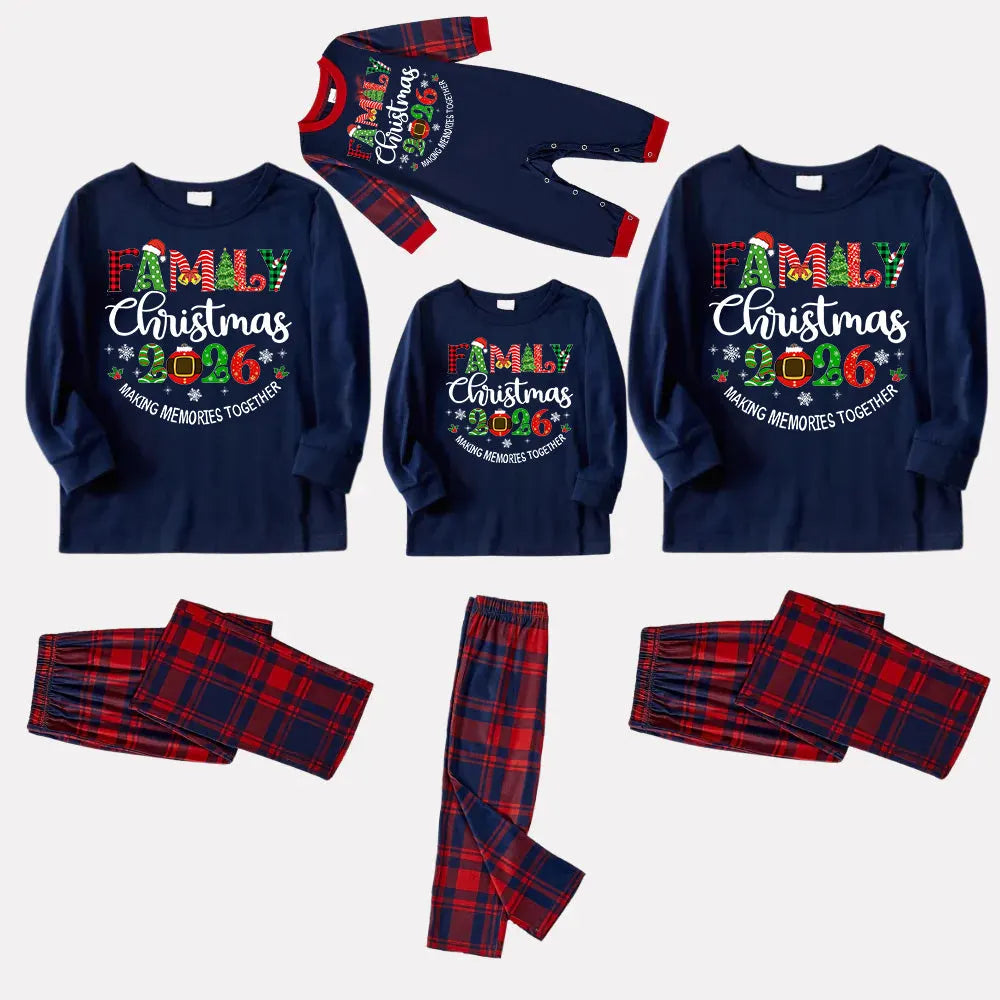 Cute "Family Christmas 2026" Text Prints Blue Long Sleeves Top with Red and Blue Plaid Pants Christmas Matching Pajamas
