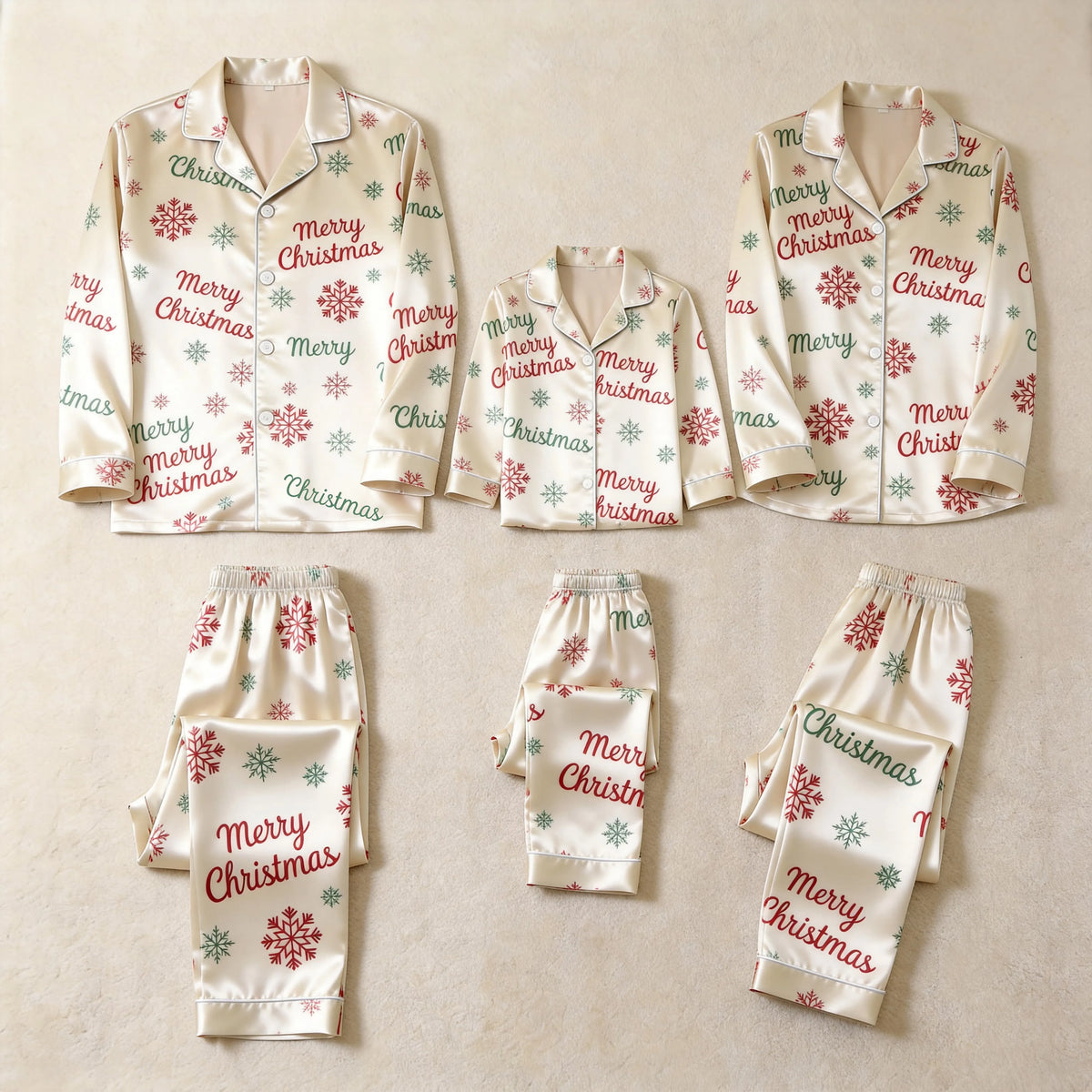 Merry Christmas Script & Snowflake Print Satin Button-Up Family Pajamas Set