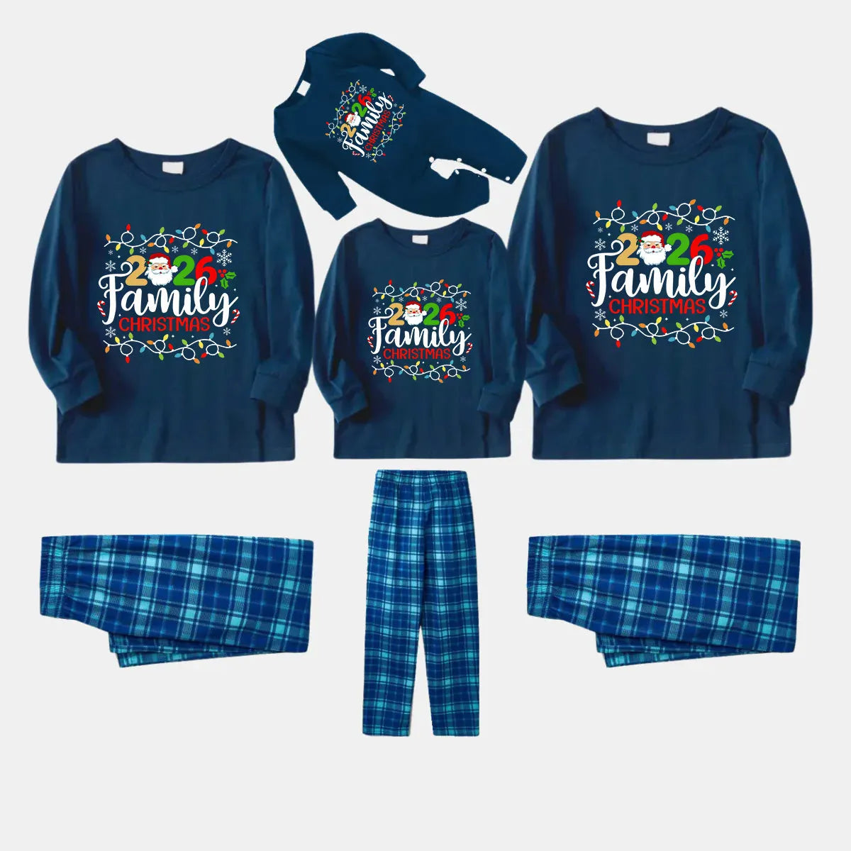 Navy & Sky Blue Plaid Christmas Pajamas Set With Christmas Light and "2026 Family Christmas" Text Print
