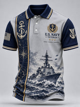 Men's Retro Navy Veteran Art Print Polo Shirt