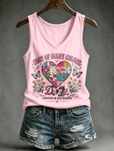 V-Neck Retro Coat Of Many Colors Forever In Our Hearts Print Tank Top