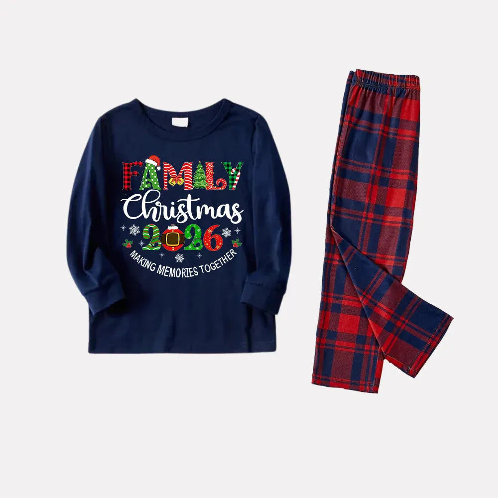 Cute "Family Christmas 2026" Text Prints Blue Long Sleeves Top with Red and Blue Plaid Pants Christmas Matching Pajamas