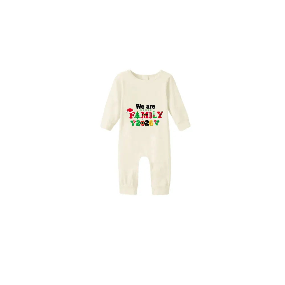 Beige Christmas Pattern Print Christmas Pajamas Set With "We are Family" Text Print