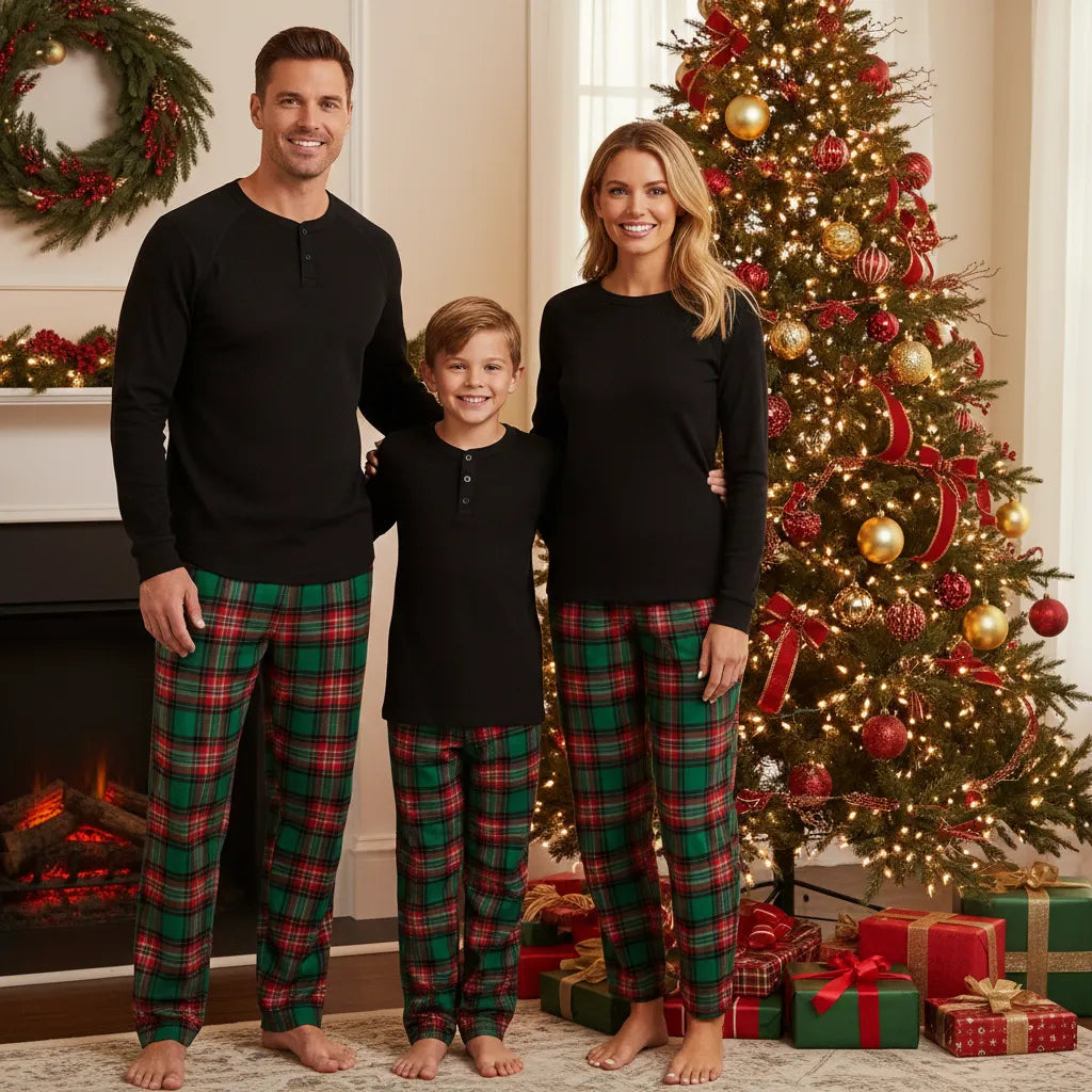 Cozy Christmas Family PJS – Button-Up Shirt Green Plaid Pants Pajamas Set