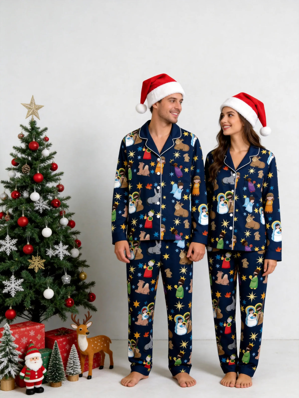Matching Family Christmas Pajamas Set - Navy Blue Nativity Scene Long-Sleeve Button-Down Sleepwea