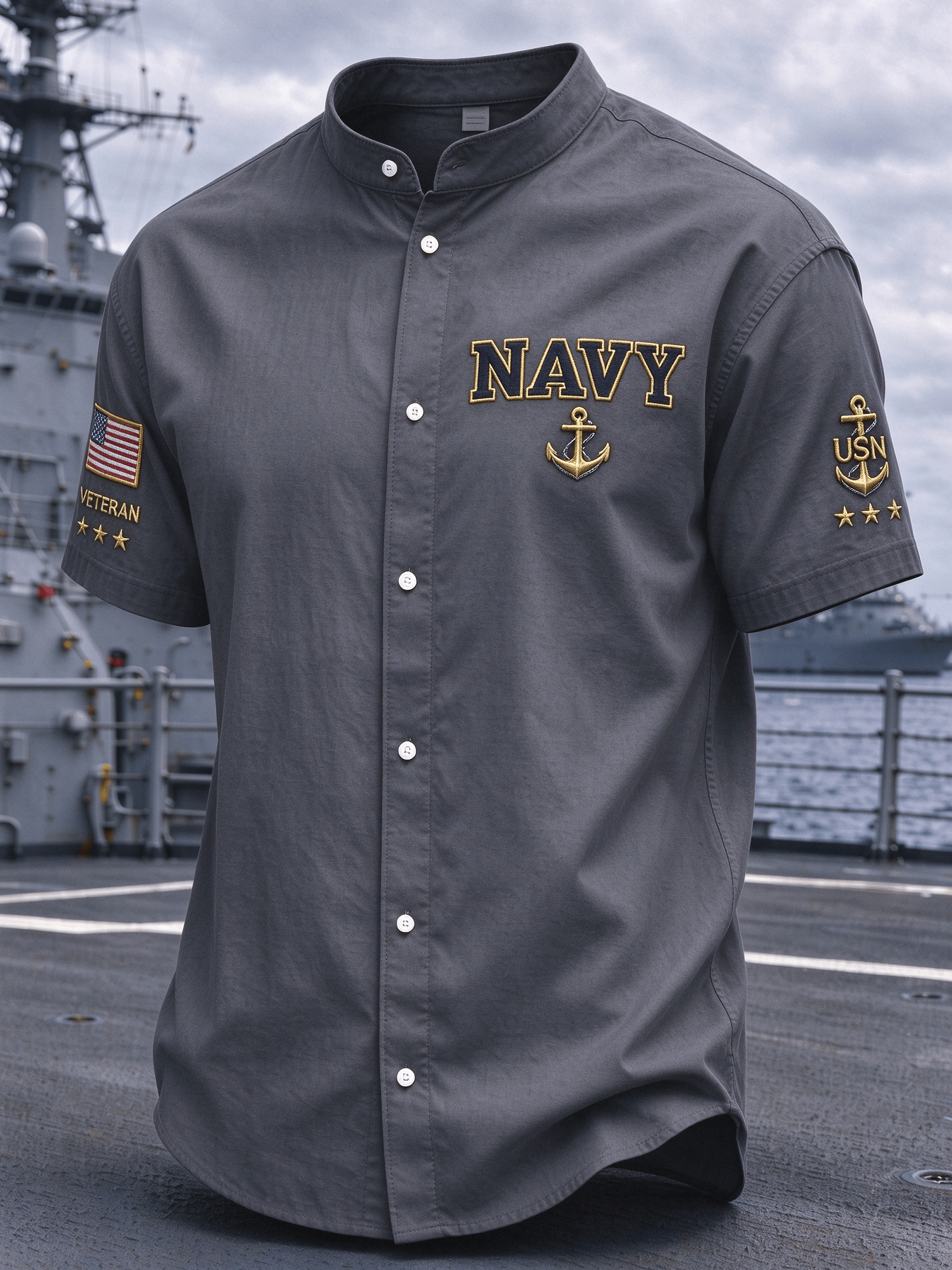 Men's American Veterans Print Stand-Up Collar Shirt