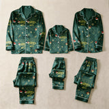 Merry Christmas Letter & Festive Icon Print Green Satin Button-Up Family Pajamas Set