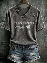 V Neck Retro Butterfly  I Will Always Love You Print T-Shirt