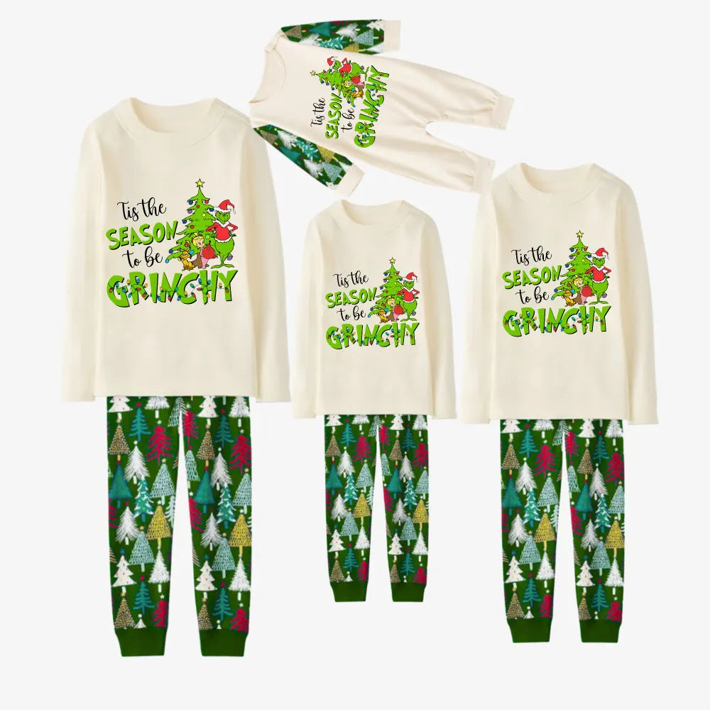 Family Christmas Pajamas Set With Grinch and Holiday Text Print