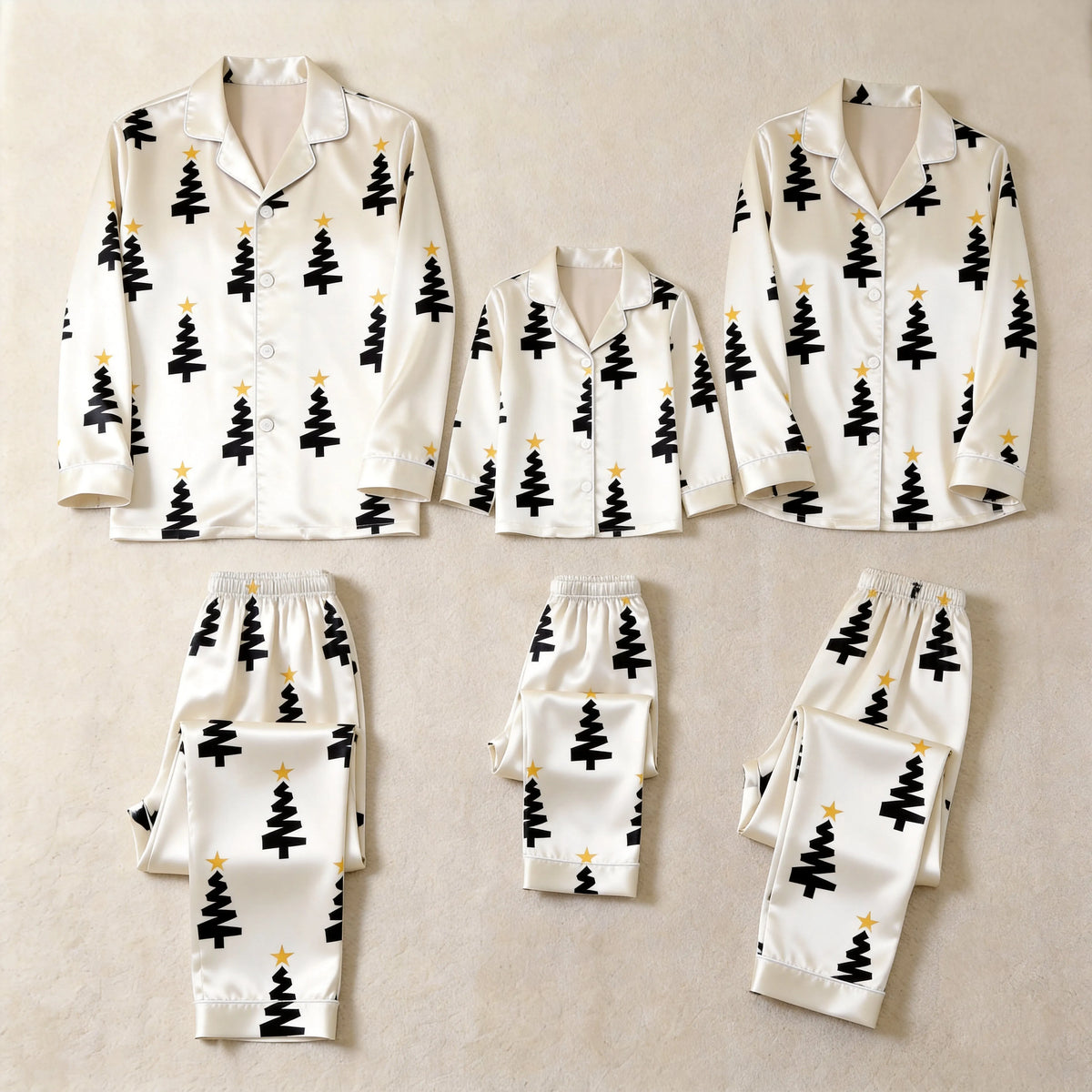 White Black Christmas Tree Yellow Star Print Satin Button-Up Family Christmas Pajamas Set