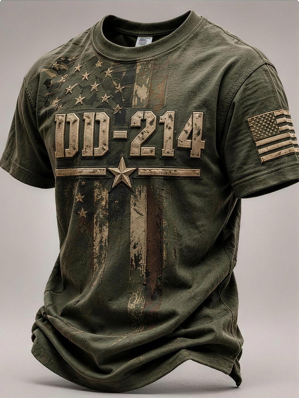 Men's Casual Veteran-Print Short-Sleeve Waffle-Knit Crew-Neck T-Shirt