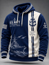 Men's Casual Navy Veteran Art Printed Long-Sleeve Hoodie