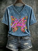 V Neck Retro Butterfly Queen Of Country Print T-Shirt