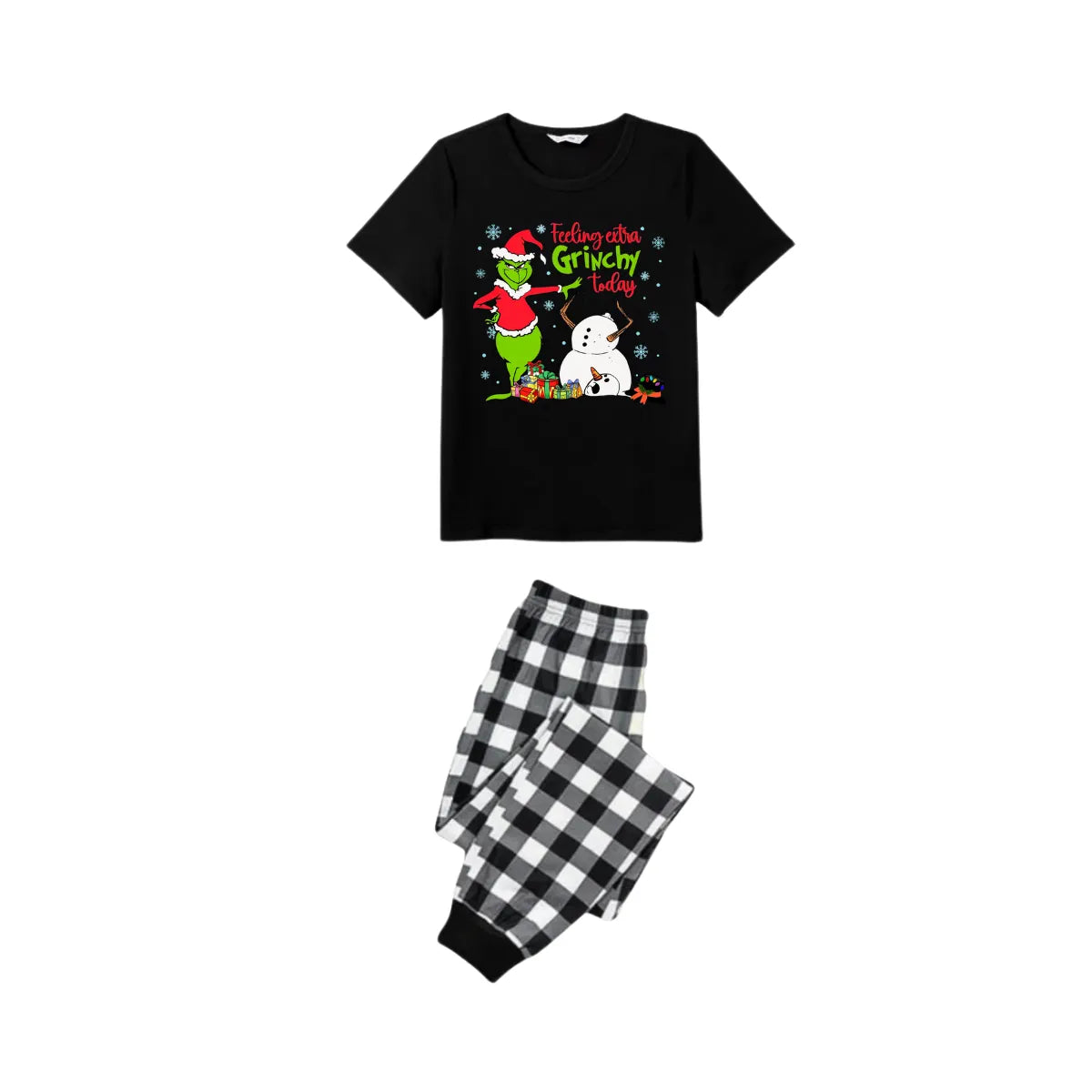 Black and White Plaid Christmas Short Sleeve Pajamas Set With Grinch and Snowman Print