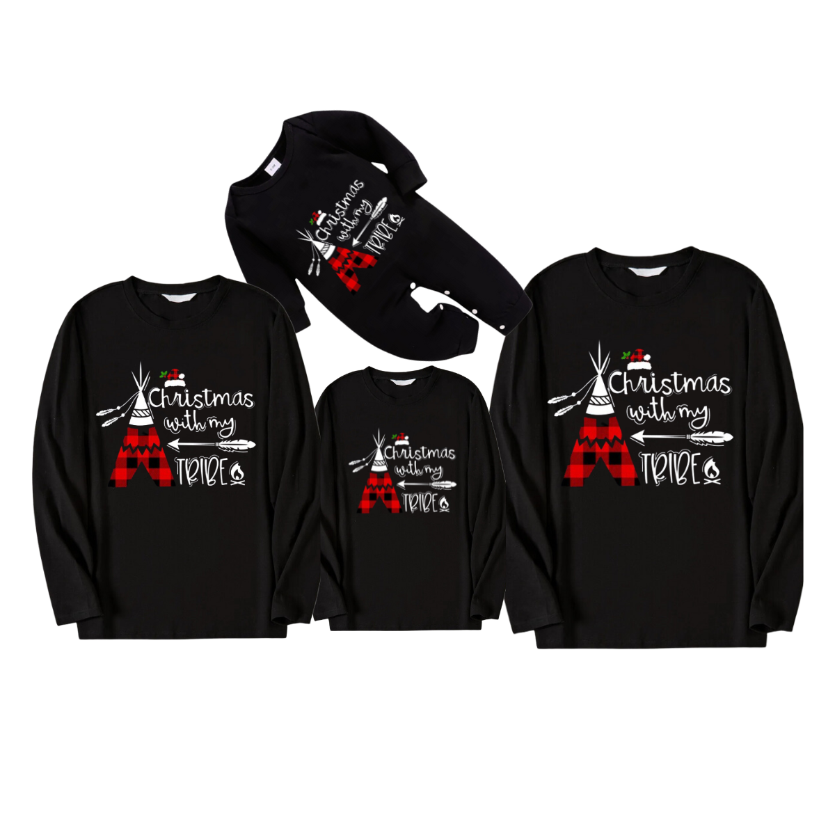 "Christmas With My Tribe" Pattern II - Black Long Sleeve Top
