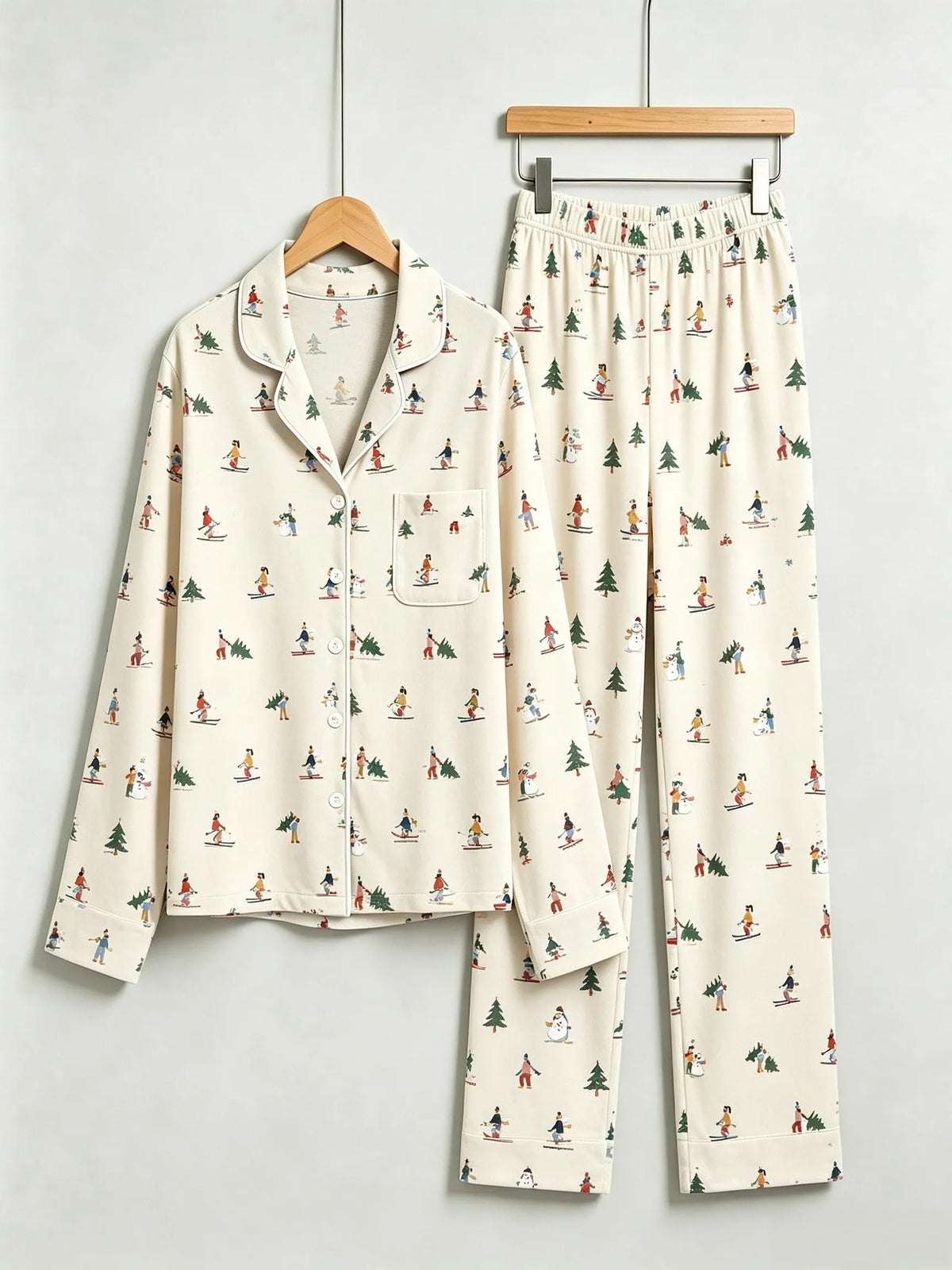 Two-Piece Set Matching Family Christmas Two-Piece Button-Down Long Sleeve PJS Set with Pockets Cute Skiing and Winter Print Festive Holiday Matching Outfits for Adults Kids
