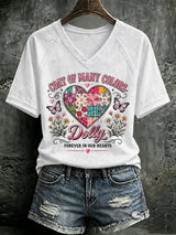 V Neck Retro Coat Of Many Colors Forever In Our Hearts Print T-Shirt