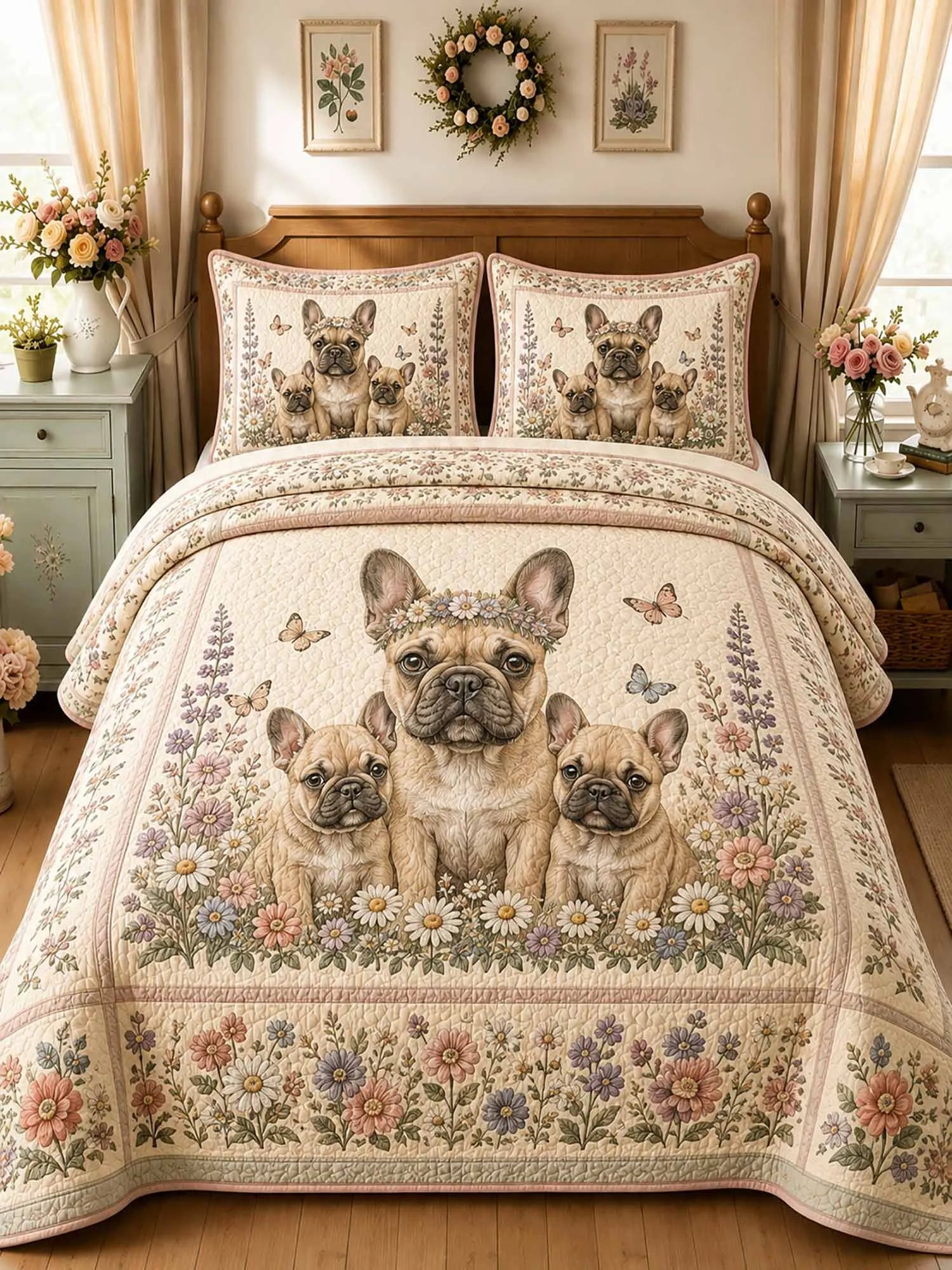 Flower‐Crown French Bulldog Family Garden 3‐Piece Quilted Bedding Set ...